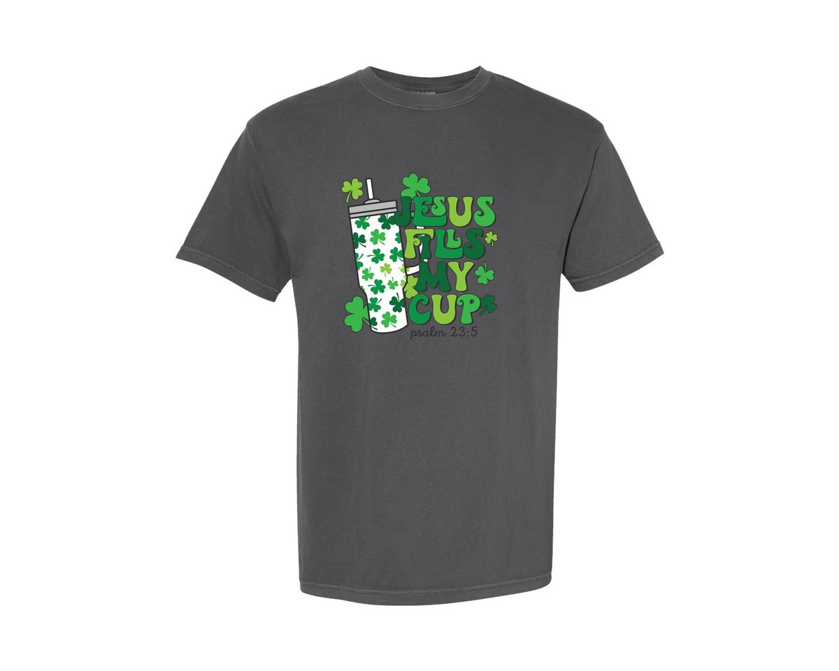 brand:Comfort Colors|color:Pepper|Jesus Fills My Cup Shamrock Graphic T-Shirt