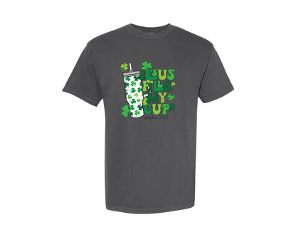 brand:Comfort Colors|color:Pepper|Jesus Fills My Cup Shamrock Graphic T-Shirt