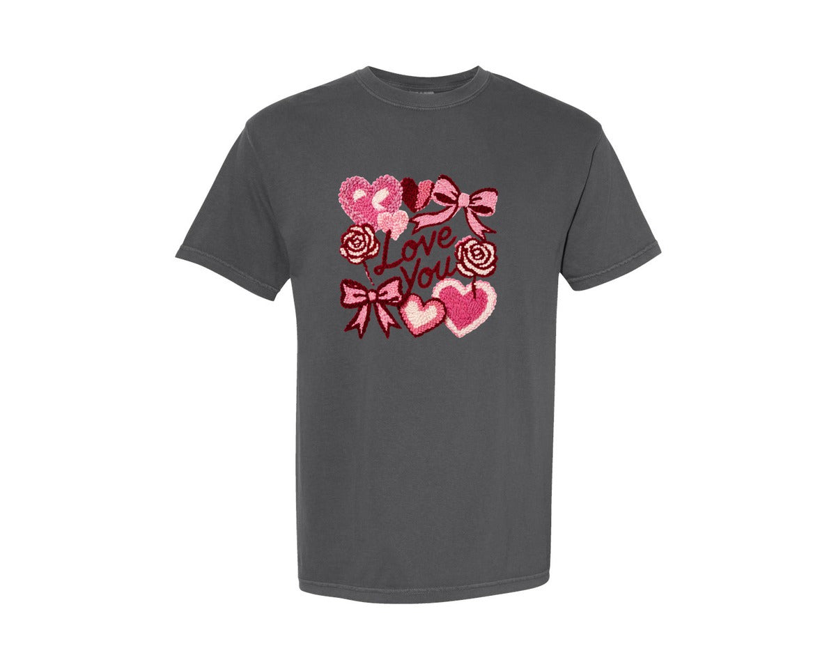 brand:Comfort Colors|color:Pepper|Valentine Faux Latch Hook Graphic T-Shirt