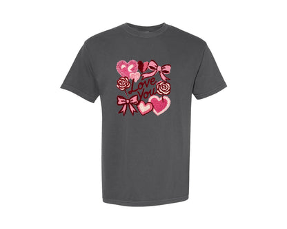 brand:Comfort Colors|color:Pepper|Valentine Faux Latch Hook Graphic T-Shirt