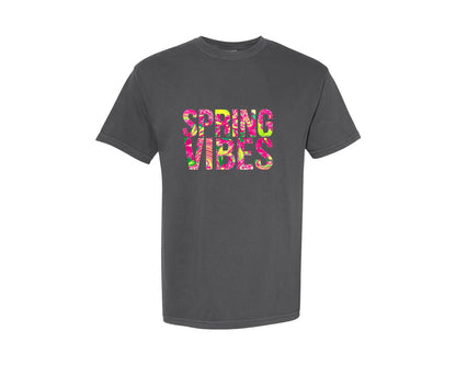 brand:Comfort Colors|color:Pepper|Colorful Floral Spring Vibes Graphic T-Shirt