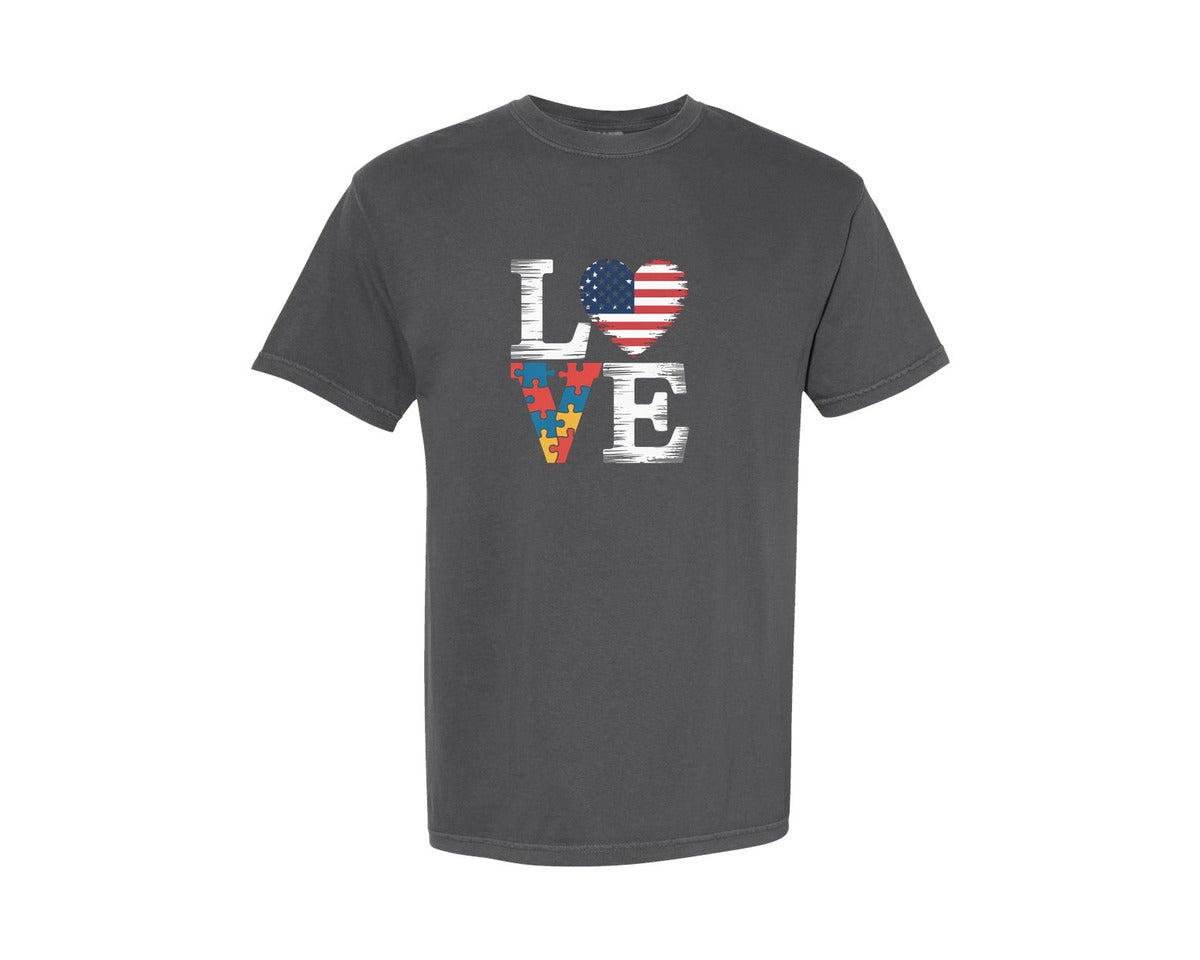 brand:Comfort Colors|color:Pepper|Autism Love Puzzle Letter Heart Graphic T-Shirt