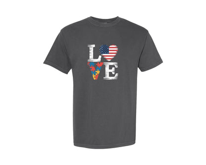 brand:Comfort Colors|color:Pepper|Autism Love Puzzle Letter Heart Graphic T-Shirt