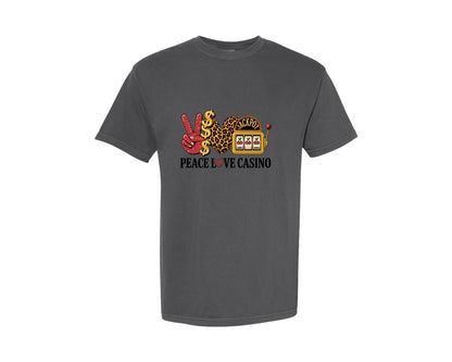 brand:Comfort Colors|color:Pepper|Peace Love Casino Leopard Print Slot Graphic T-Shirt