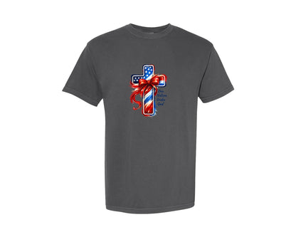 brand:Comfort Colors|color:Pepper|Patriotic American Flag Cross Art Graphic T-Shirt