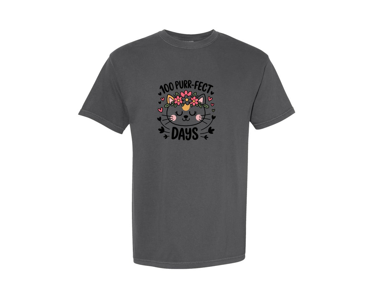 brand:Comfort Colors|color:Pepper|100 Days Of School Cat Floral Cat Graphic T-Shirt