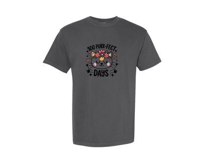brand:Comfort Colors|color:Pepper|100 Days Of School Cat Floral Cat Graphic T-Shirt