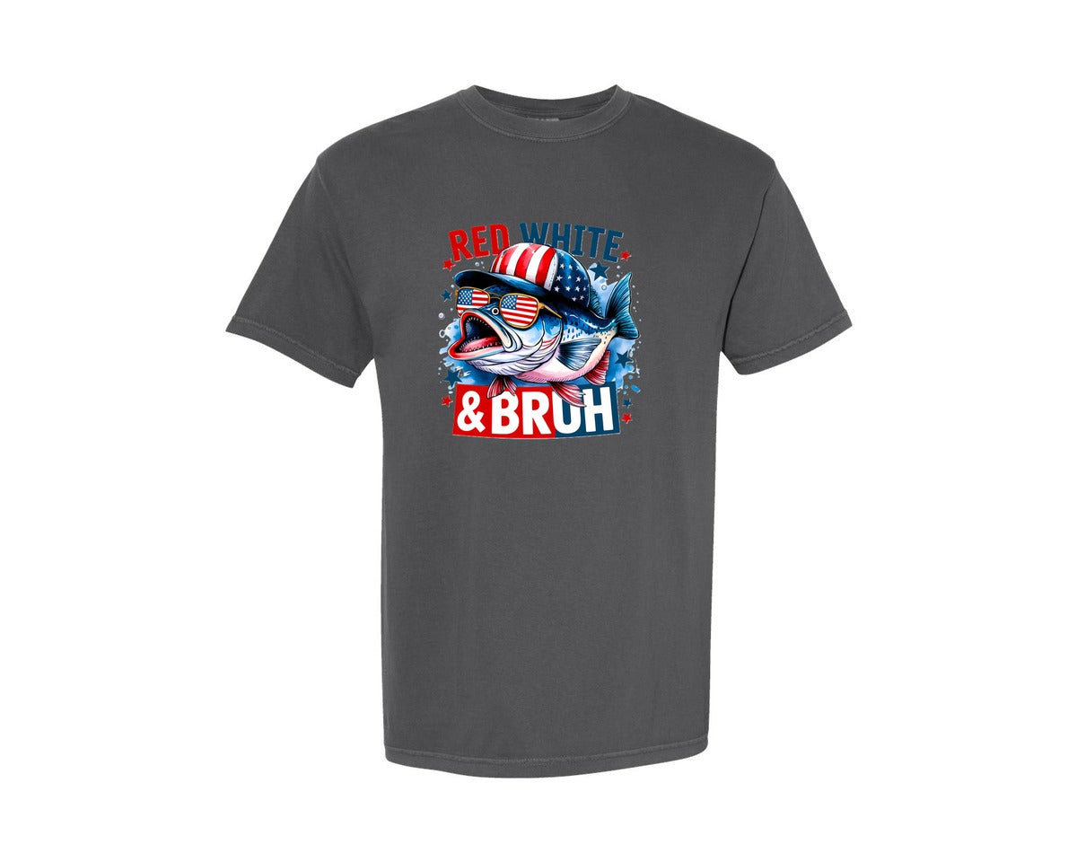 brand:Comfort Colors|color:Pepper|4Th Of July Fishing Red White Bruh 2 Graphic T-Shirt