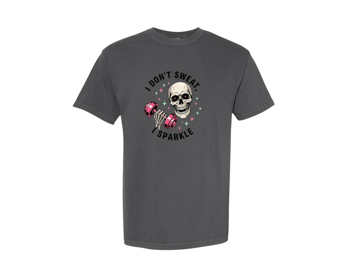 brand:Comfort Colors|color:Pepper|I Dont Sweat I Sparkle Skull Graphic T-Shirt