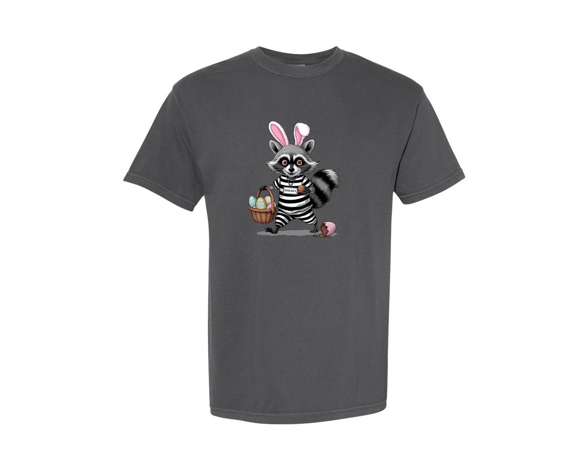brand:Comfort Colors|color:Pepper|Raccoon Easter Bunny Thief Retro Graphic T-Shirt
