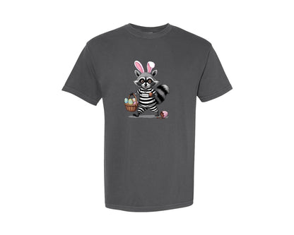 brand:Comfort Colors|color:Pepper|Raccoon Easter Bunny Thief Retro Graphic T-Shirt