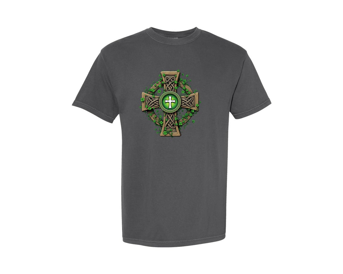 brand:Comfort Colors|color:Pepper|Celtic Cross With Shamrocks Irish Graphic T-Shirt