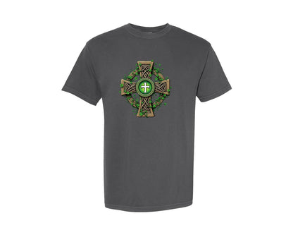 brand:Comfort Colors|color:Pepper|Celtic Cross With Shamrocks Irish Graphic T-Shirt