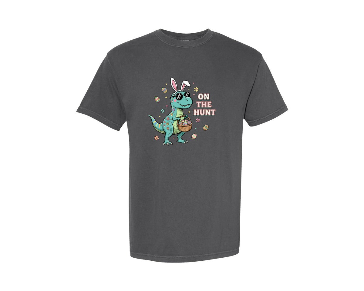 brand:Comfort Colors|color:Pepper|Dinosaur T Rex Easter On The Hunt 2 Graphic T-Shirt