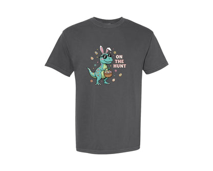 brand:Comfort Colors|color:Pepper|Dinosaur T Rex Easter On The Hunt 2 Graphic T-Shirt