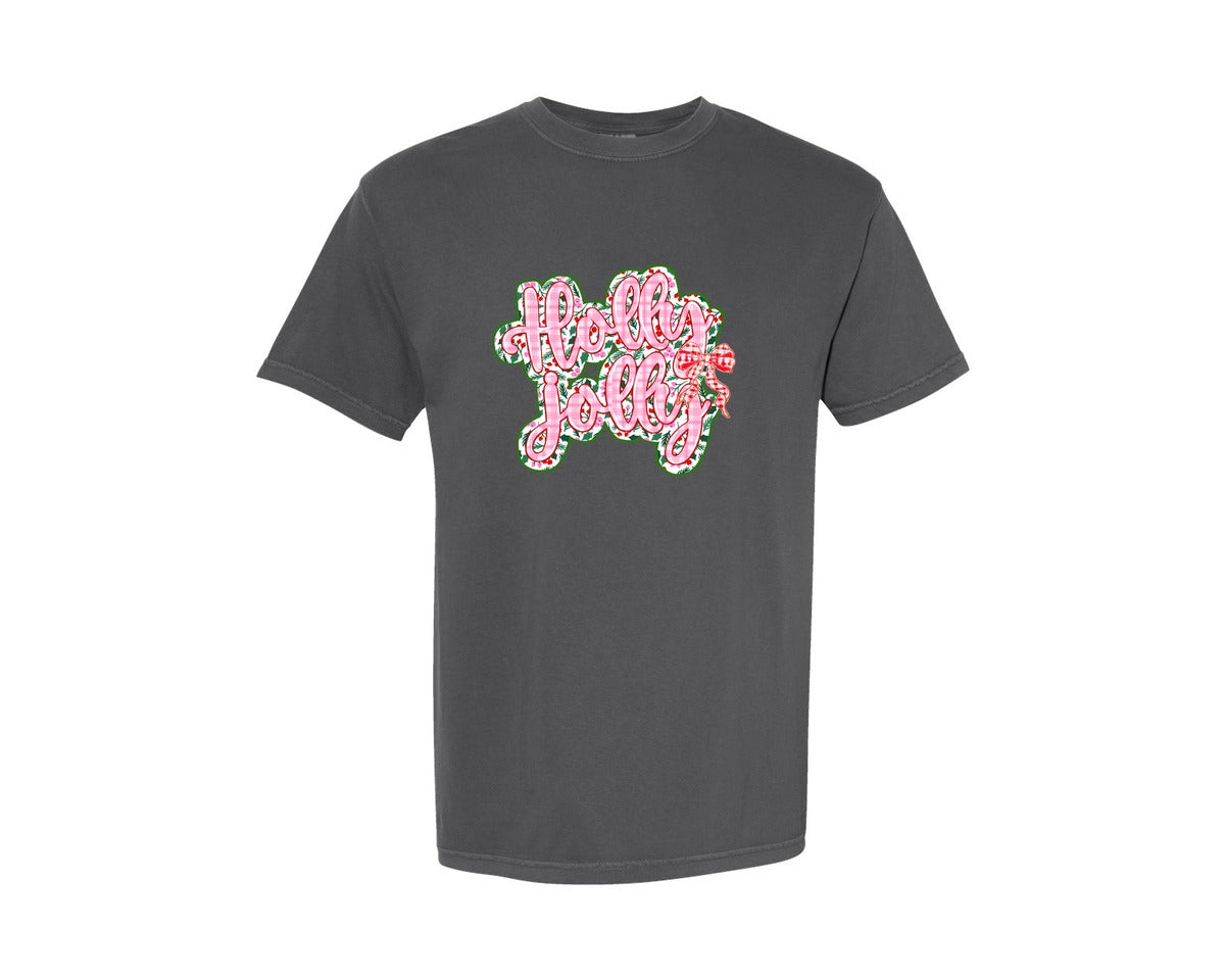 brand:Comfort Colors|color:Pepper|Holly Jolly Christmas Floral Plaid Bow Graphic T-Shirt