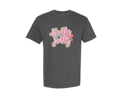 brand:Comfort Colors|color:Pepper|Holly Jolly Christmas Floral Plaid Bow Graphic T-Shirt