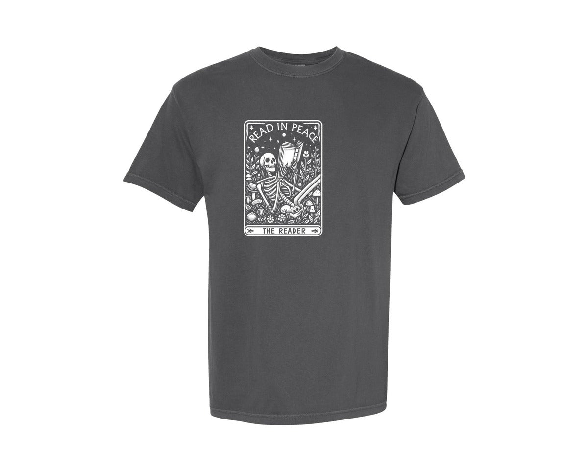 brand:Comfort Colors|color:Pepper|Read In Peace Skeleton Reader Graphic T-Shirt
