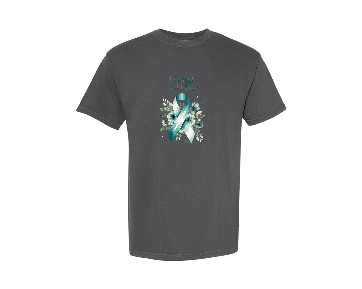 brand:Comfort Colors|color:Pepper|Cervical Cancer Awareness Floral Teal Graphic T-Shirt