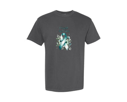 brand:Comfort Colors|color:Pepper|Cervical Cancer Awareness Floral Teal Graphic T-Shirt