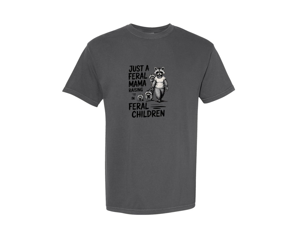 brand:Comfort Colors|color:Pepper|Funny Mothers Day Raccoon Mama Tired Graphic T-Shirt