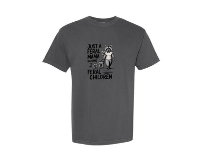 brand:Comfort Colors|color:Pepper|Funny Mothers Day Raccoon Mama Tired Graphic T-Shirt