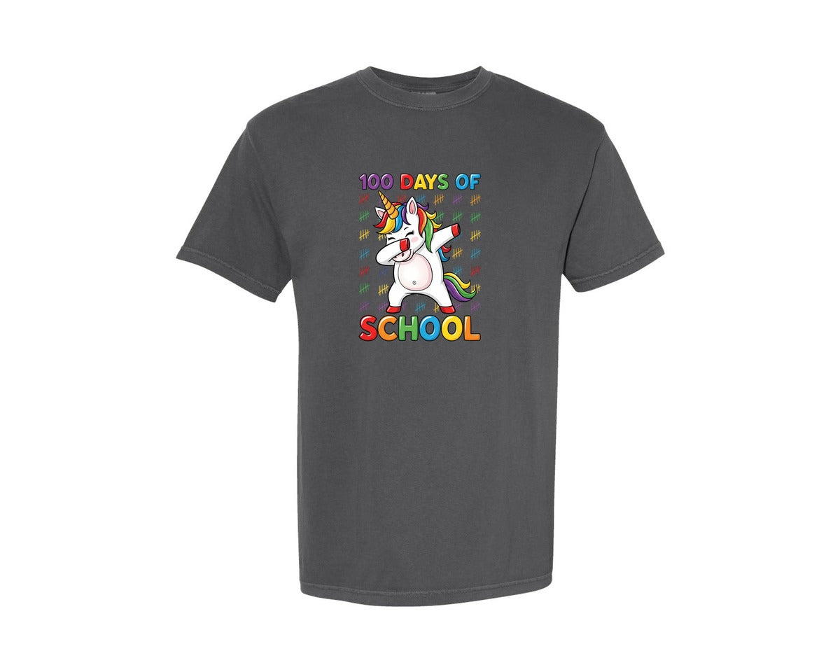 brand:Comfort Colors|color:Pepper|100 Days Of School Unicorn Dabbing Graphic T-Shirt