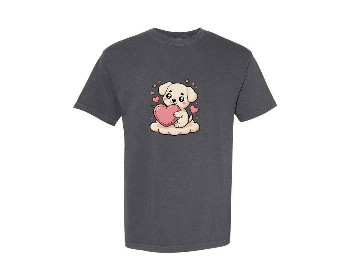 brand:Comfort Colors|color:Pepper|Cute Puppy Holding Heart Valentine Graphic T-Shirt