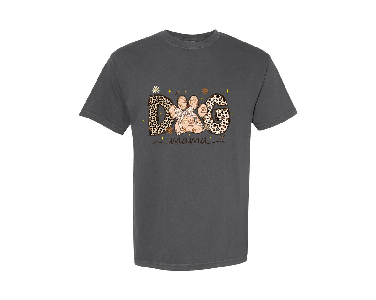 brand:Comfort Colors|color:Pepper|Leopard Dog Mama Cute Paw With Bow Graphic T-Shirt