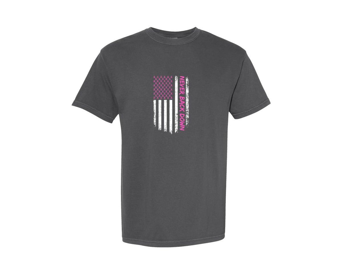 brand:Comfort Colors|color:Pepper|Never Back Down Breast Cancer Awareness Graphic T-Shirt