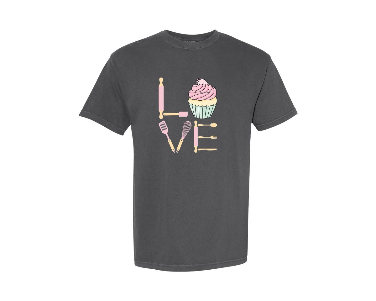 brand:Comfort Colors|color:Pepper|Baking Love Cupcake Whisk Spatula Graphic T-Shirt
