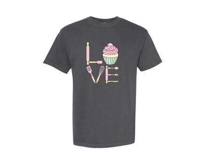 brand:Comfort Colors|color:Pepper|Baking Love Cupcake Whisk Spatula Graphic T-Shirt