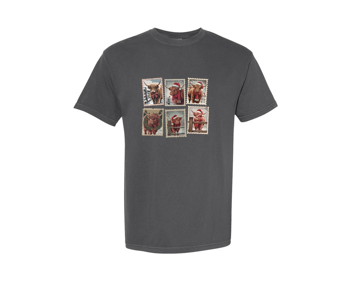 brand:Comfort Colors|color:Pepper|Highland Cow Christmas Stamp Graphic T-Shirt