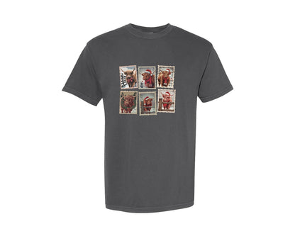 brand:Comfort Colors|color:Pepper|Highland Cow Christmas Stamp Graphic T-Shirt