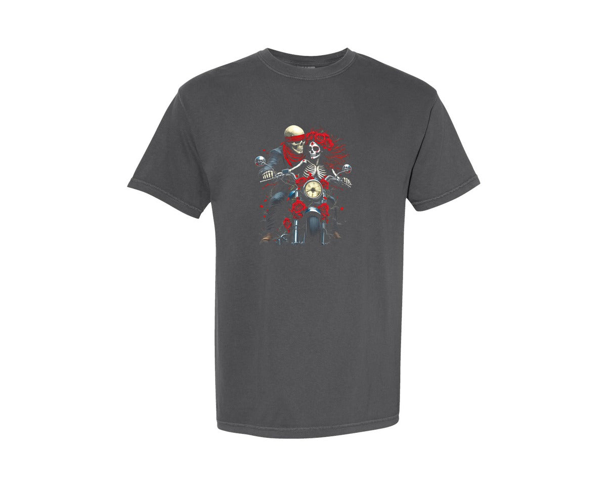 brand:Comfort Colors|color:Pepper|Skeleton Couple On Motorcycle Graphic T-Shirt