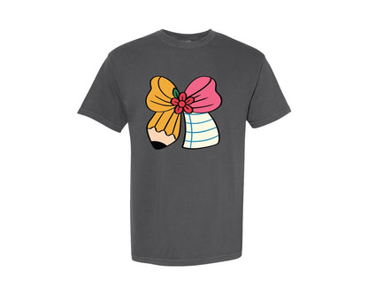 brand:Comfort Colors|color:Pepper|Pencil Coquette Bow Teacher Crayon Graphic T-Shirt