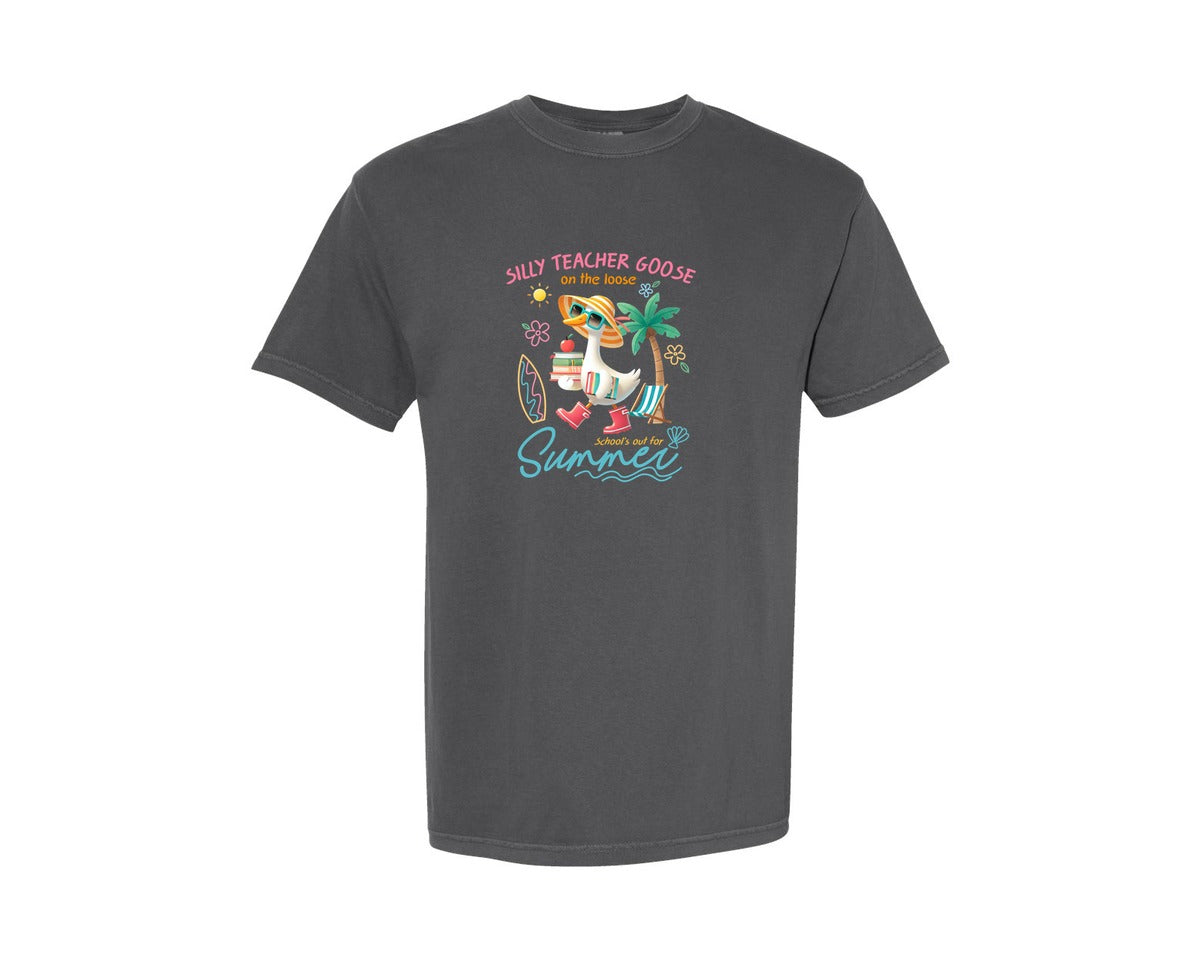 brand:Comfort Colors|color:Pepper|Silly Teacher Goose Last Day Of School Graphic T-Shirt