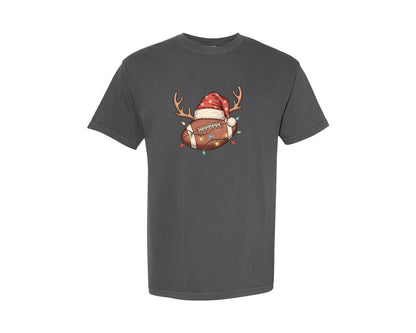 brand:Comfort Colors|color:Pepper|Christmas Football Reindeer Santa Hat Graphic T-Shirt