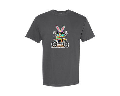 brand:Comfort Colors|color:Pepper|Egg Bunny On Motorbike T Shirt Design Graphic T-Shirt