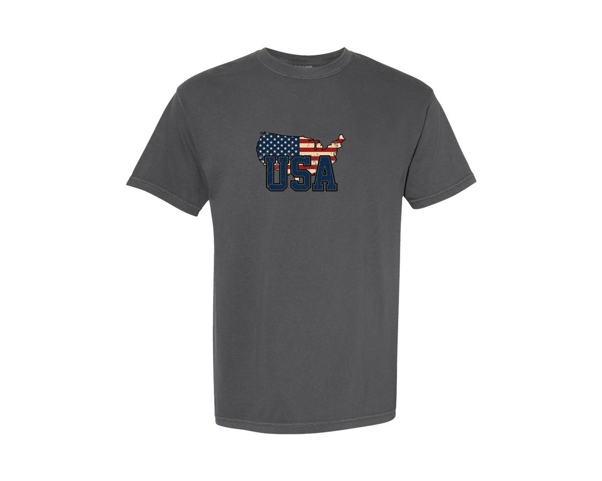 brand:Comfort Colors|color:Pepper|America Usa Map 4Th Of July Patriotic Graphic T-Shirt