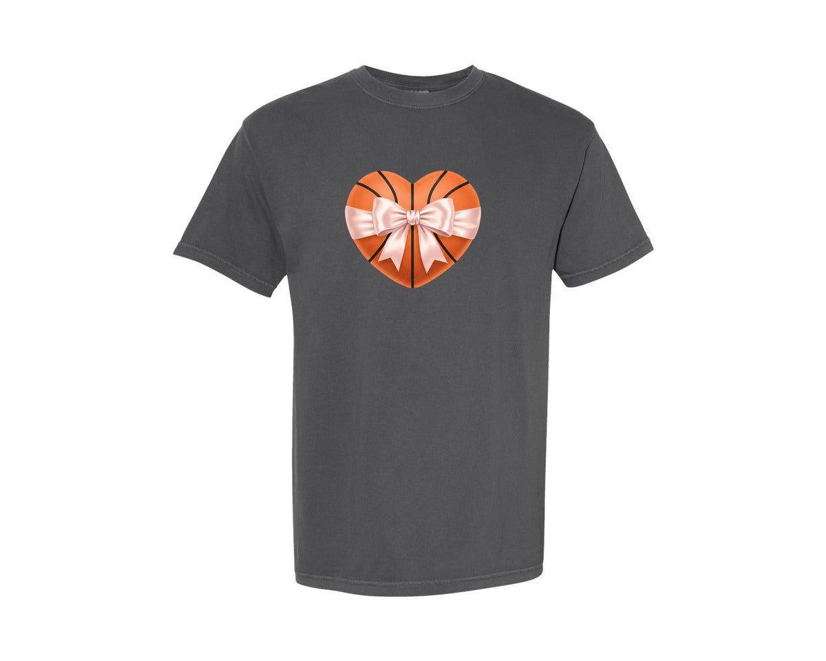 brand:Comfort Colors|color:Pepper|Heart Shape Basketball Coquette Bow Graphic T-Shirt