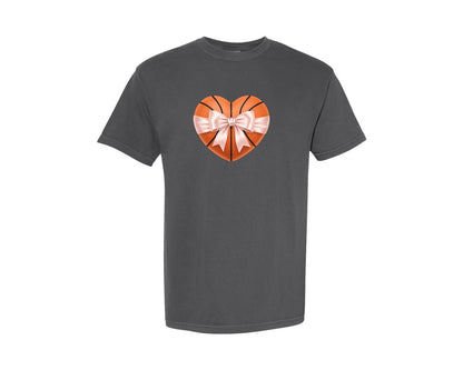 brand:Comfort Colors|color:Pepper|Heart Shape Basketball Coquette Bow Graphic T-Shirt