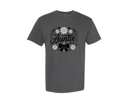 brand:Comfort Colors|color:Pepper|Auntie Daisy Flowers Bow Hearts Graphic T-Shirt
