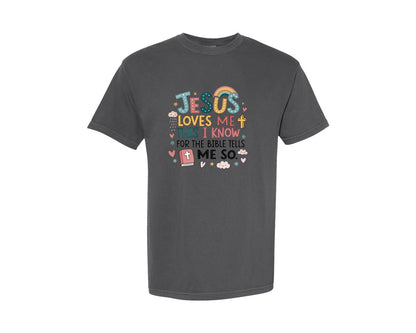 brand:Comfort Colors|color:Pepper|Jesus Loves Me This I Know Bible Quote Graphic T-Shirt