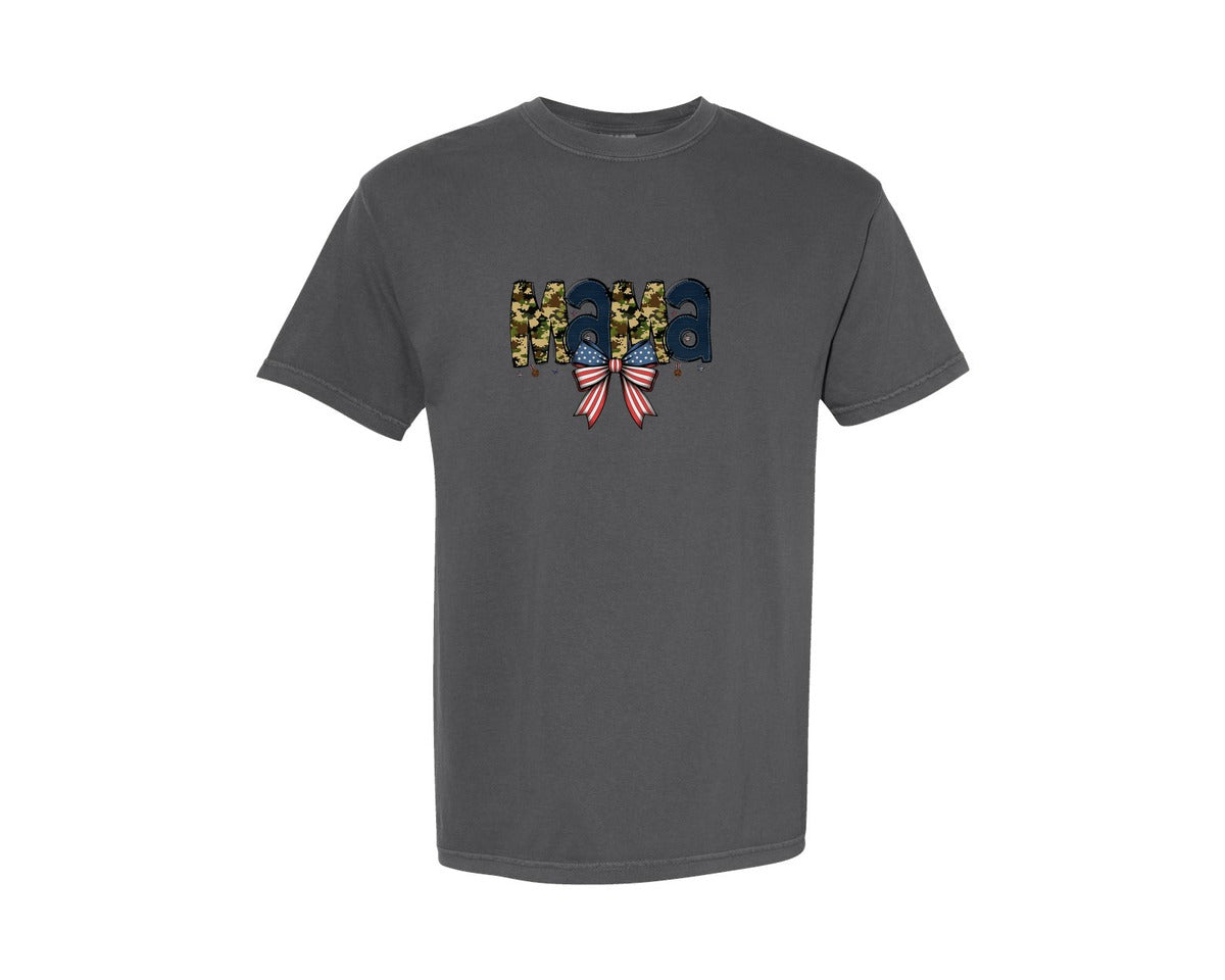 brand:Comfort Colors|color:Pepper|Preppy Veteran Mama Camo Coquette Graphic T-Shirt