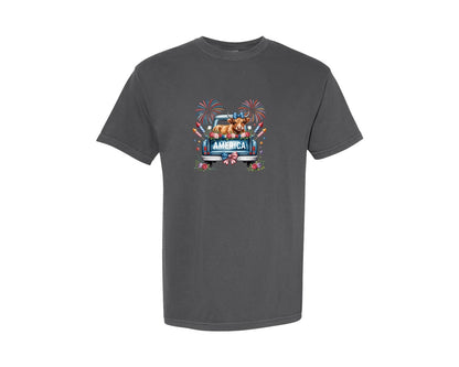 brand:Comfort Colors|color:Pepper|4Th Of July Highland Cow 2 Graphic T-Shirt