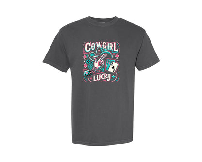 brand:Comfort Colors|color:Pepper|Cowgirl Lucky Western Graphic T-Shirt