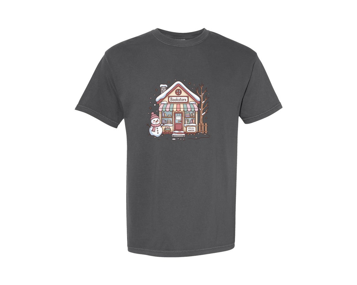 brand:Comfort Colors|color:Pepper|Winter Bookstore Cute Snowy Graphic T-Shirt