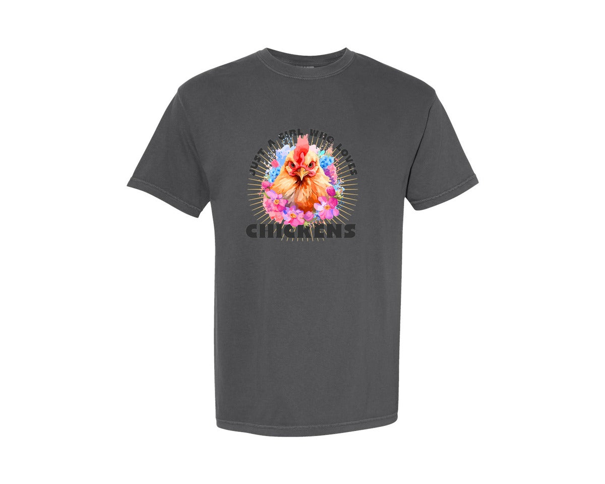 brand:Comfort Colors|color:Pepper|Just A Girl Who Loves Chickens Farm Graphic T-Shirt