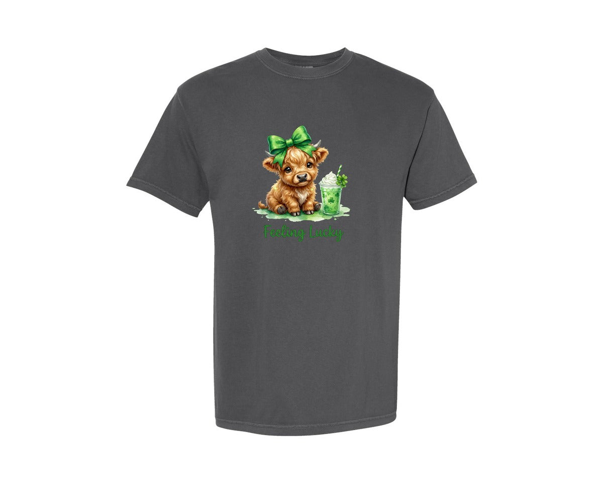 brand:Comfort Colors|color:Pepper|Feeling Lucky Highland Cow Graphic T-Shirt